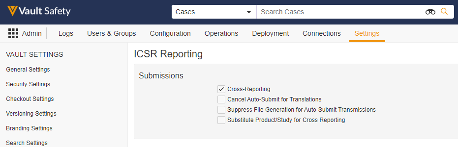 ICSR Reporting Settings Cross Reporting Checkbox