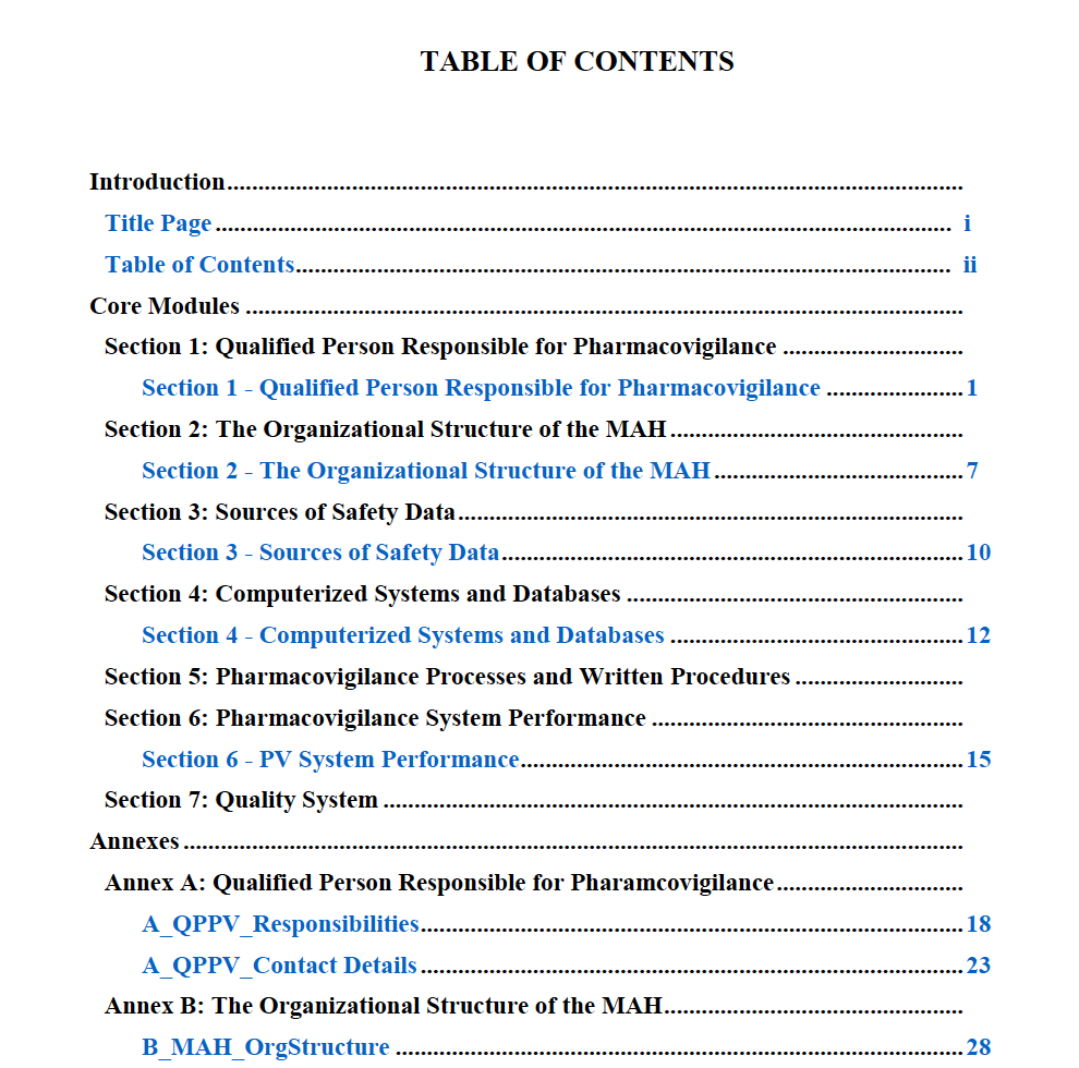 Sample PSMF Table of Contents Based on Template